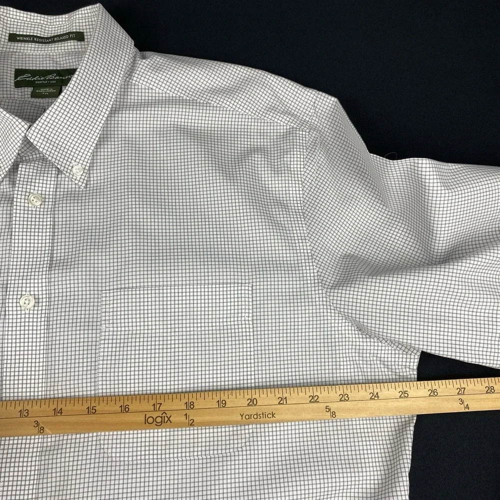 Eddie Bauer Shirt Mens XLT White w/Gray Checks Relaxed Fit Wrinkle Resistant